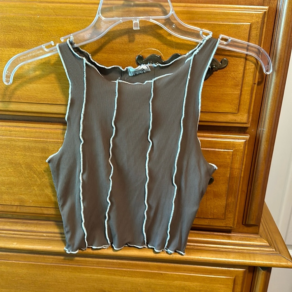 High neck Brown white trim crop top